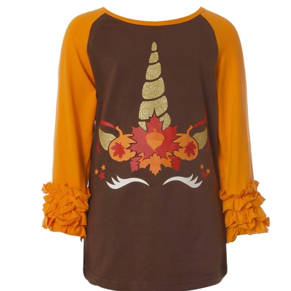 Little Girls Kids Halloween Pumpkin Raglan Ruffle Shirt Top Tee Thanksgi…